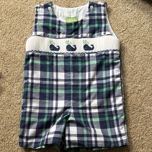 Classic Whimsy 3T Navy & Green Plaid Whale Smocked Shortall